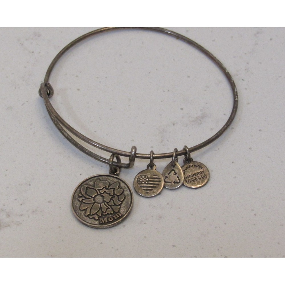 Silver‎ Tone Alex and Ani Charm Bangle Bracelet Mom 2016 Flower Floral READ